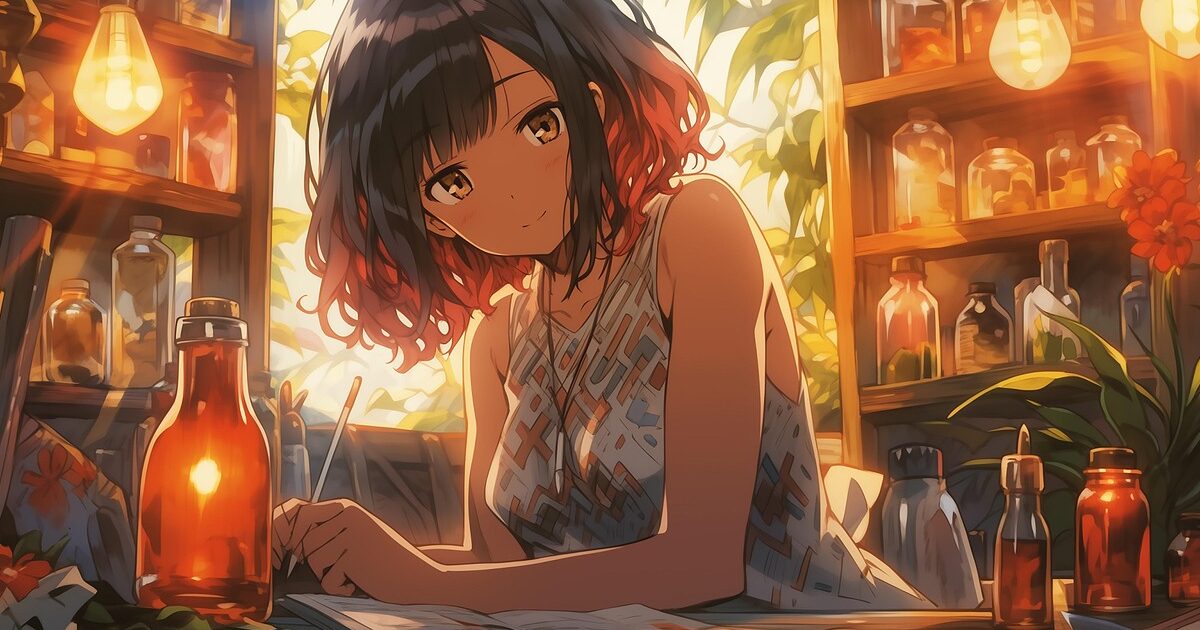 薬瓶に囲まれた部屋でノートに書き込む少女のアニメイラスト
