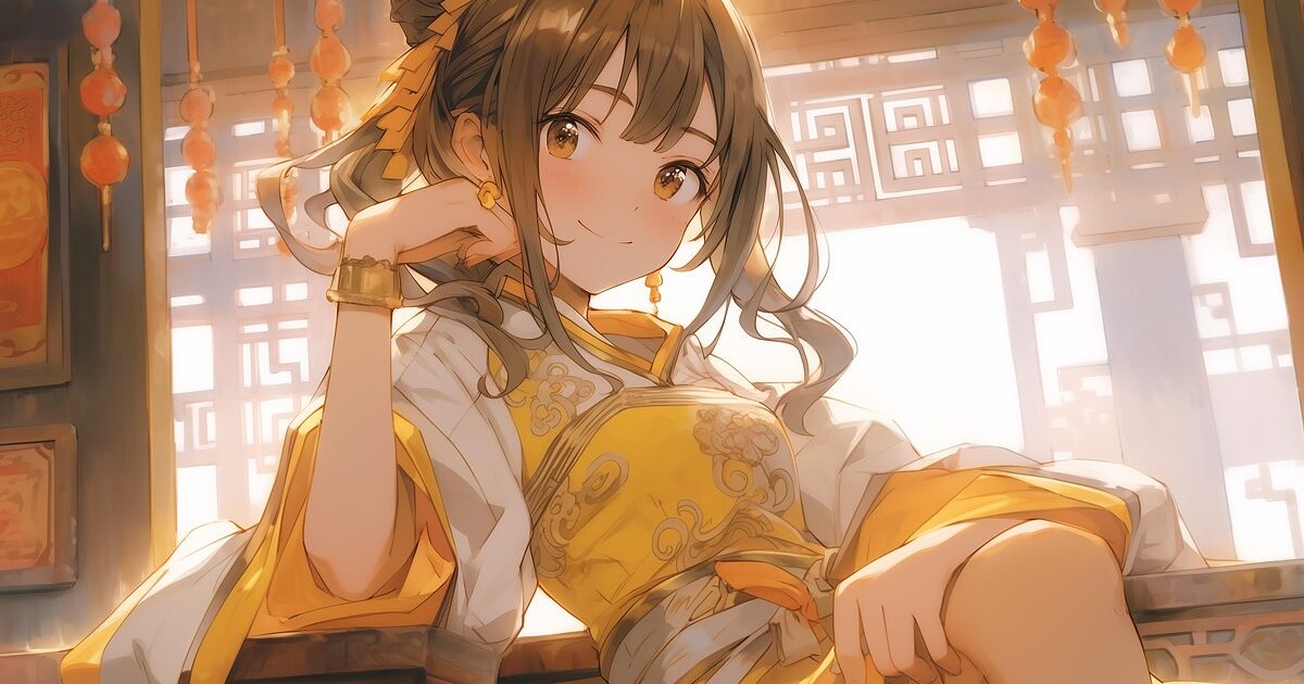 伝統衣装を着て微笑む黒髪の少女の中華風アニメイラスト