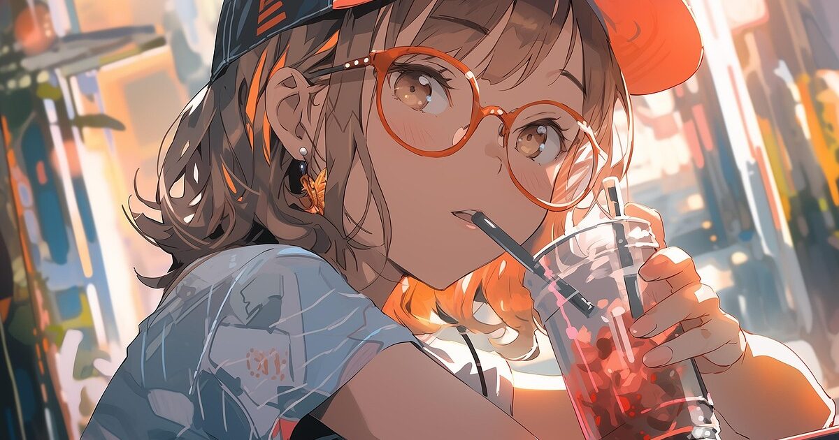 カフェでドリンクを飲む赤い帽子の眼鏡少女のアニメイラスト