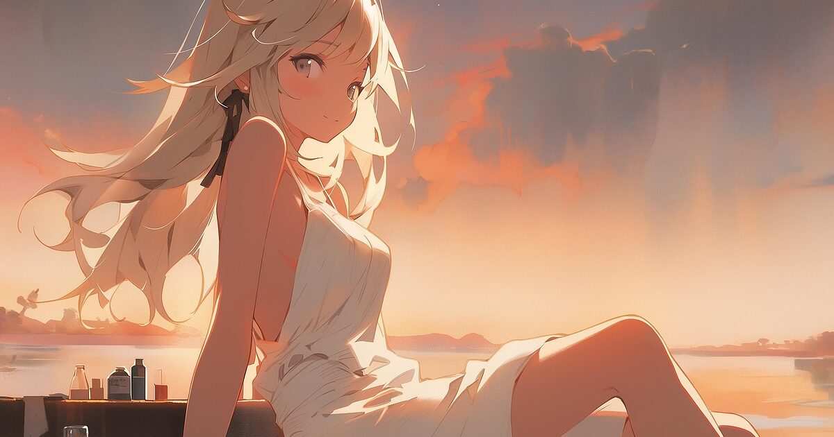 夕暮れの海辺で微笑む白いドレスの金髪少女のアニメイラスト