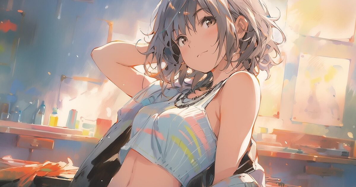 アトリエで笑顔を見せるノースリーブ姿の少女のアニメイラスト
