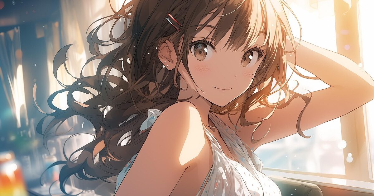 朝の光に包まれた部屋で笑顔を見せる茶髪の少女のアニメイラスト