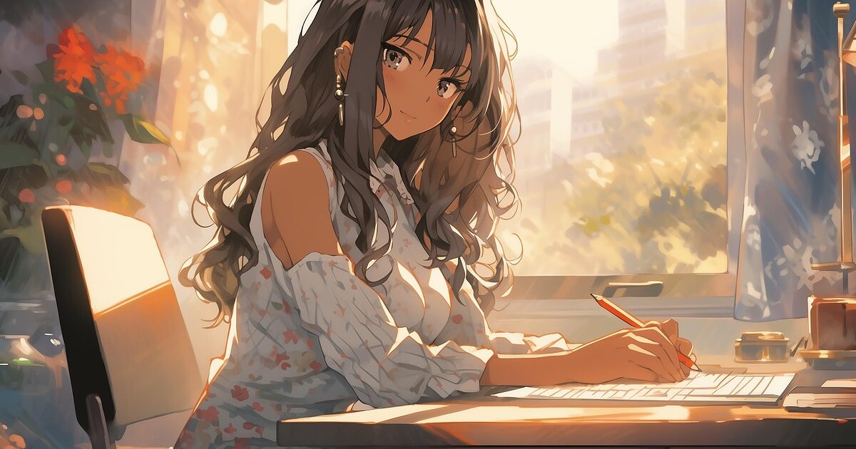 窓際でノートに文字を書くロングヘアの少女のアニメイラスト