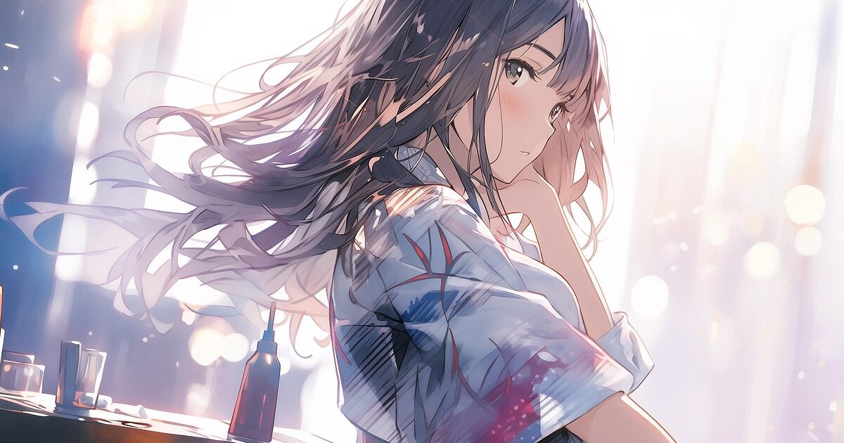 浴衣を着た黒髪の少女が見つめる横顔のアニメイラスト