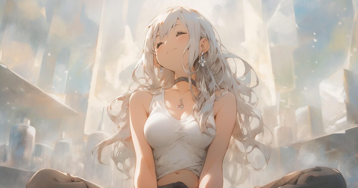 白髪の少女が笑顔で座る幻想的なアニメイラスト