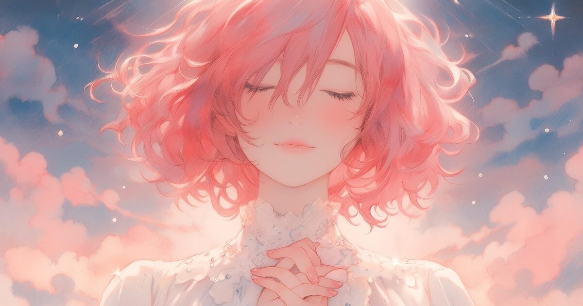 ピンク髪の少女が祈りを捧げる神秘的なアニメイラスト