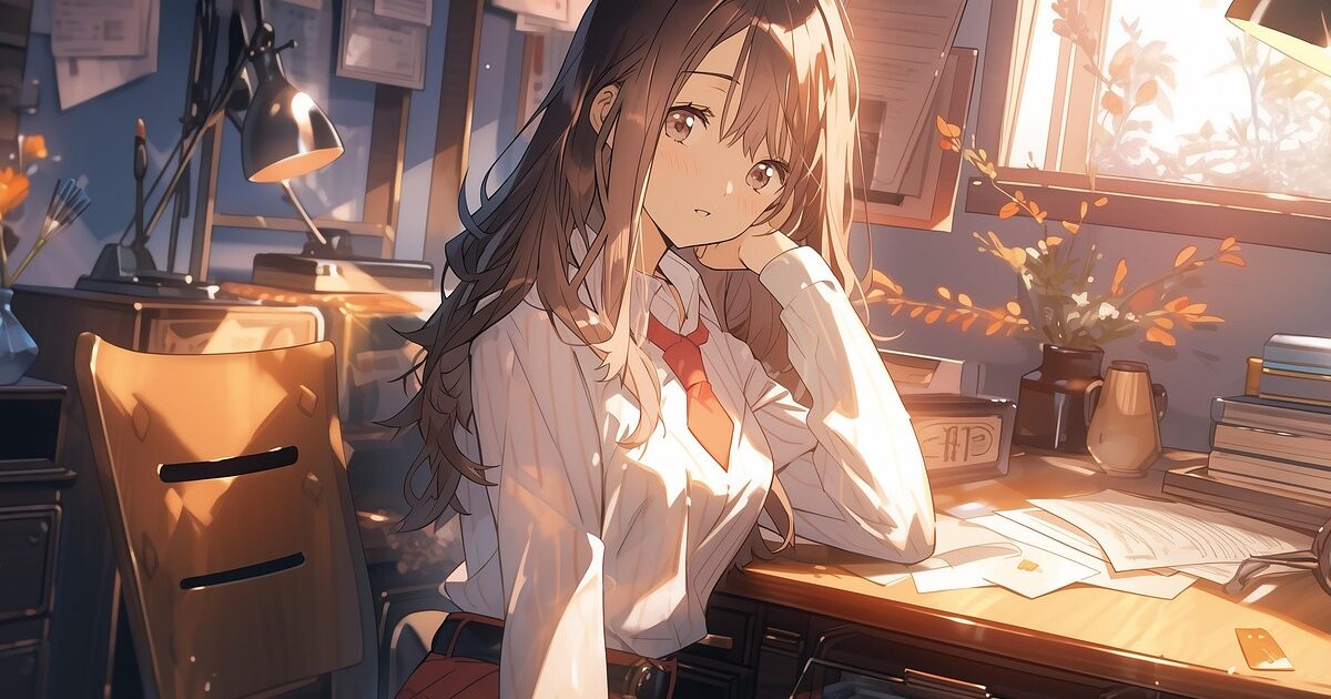 書類に囲まれたデスクで頬杖をつく女子学生のアニメイラスト