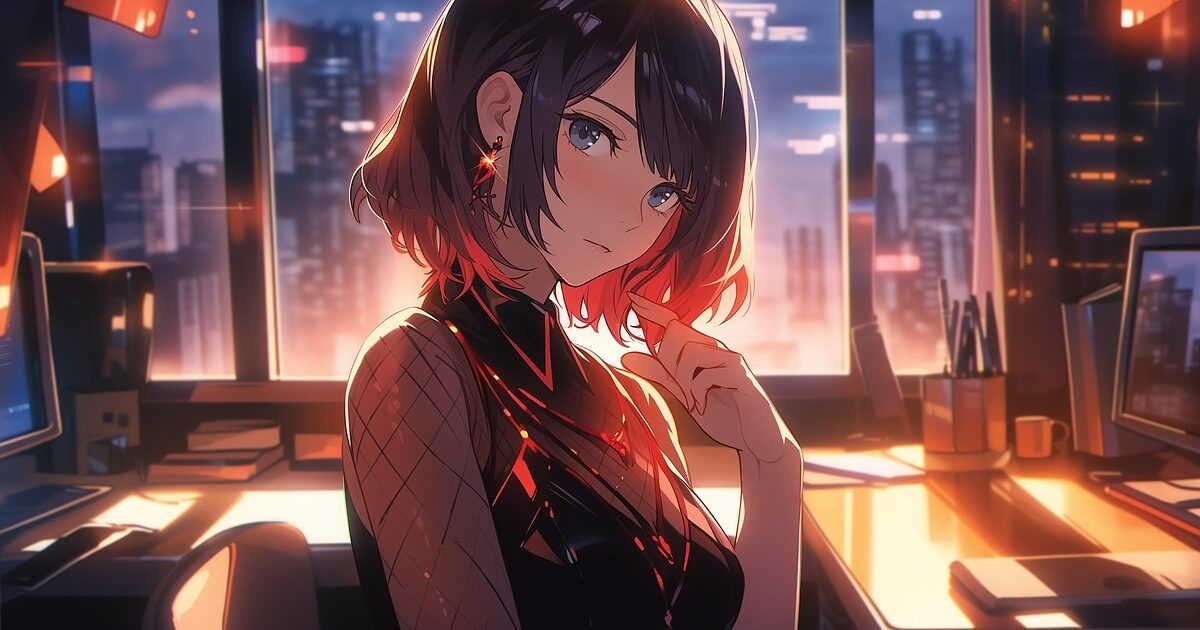 夜のオフィスで窓の外を見つめる黒髪の女性キャラクター
