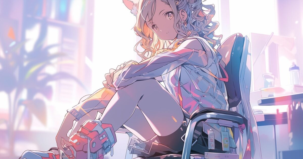 猫耳フードをかぶった少女が椅子に座る未来感あるアニメイラスト