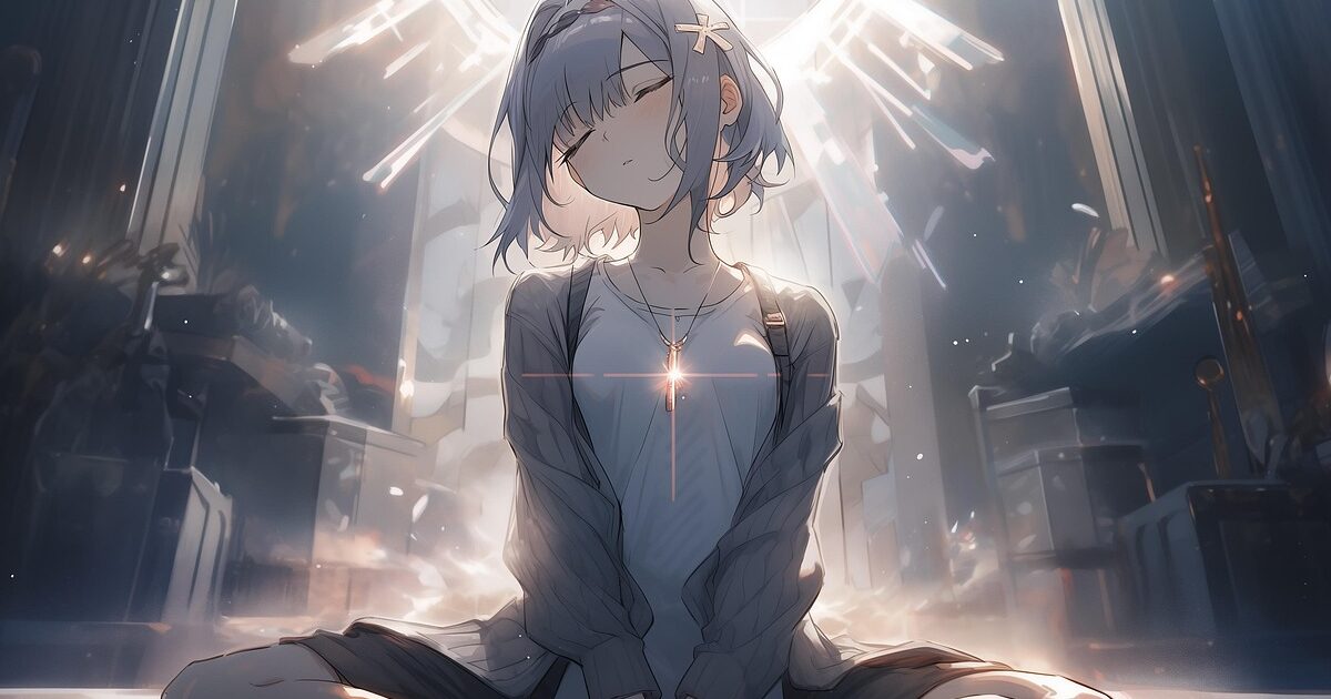 神殿の光に包まれ微笑むショートヘアの少女のアニメイラスト