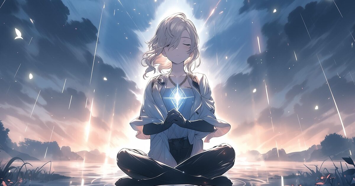 光る宝石を抱えて祈る金髪の女性の幻想的なアニメイラスト