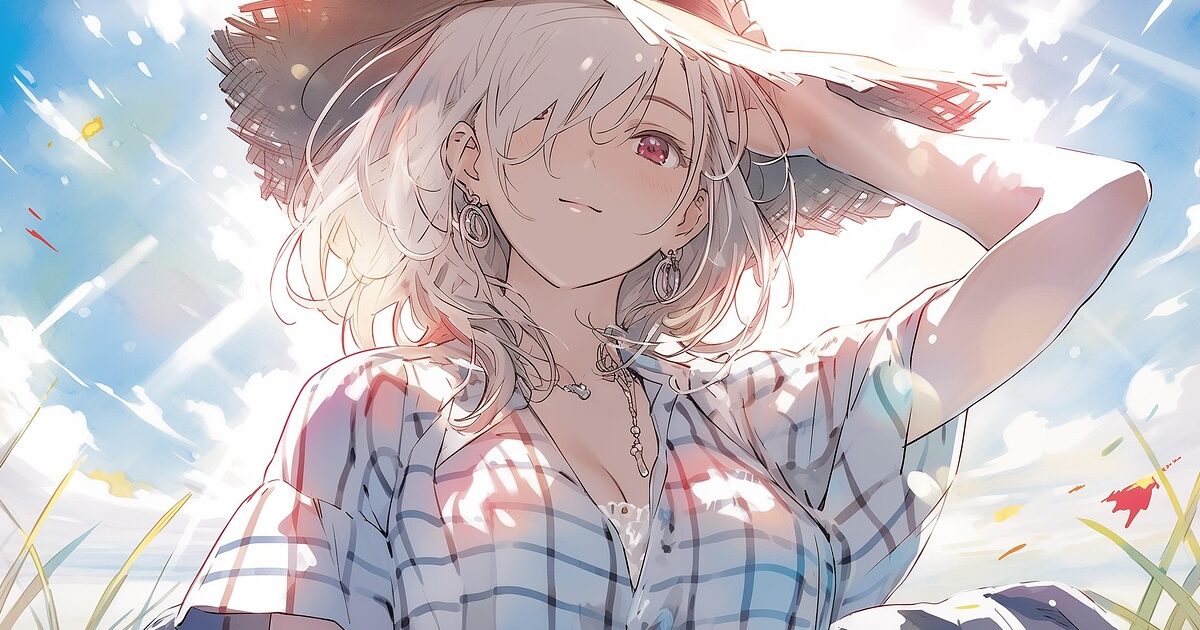 麦わら帽子をかぶって空を見上げる白髪の少女のアニメイラスト
