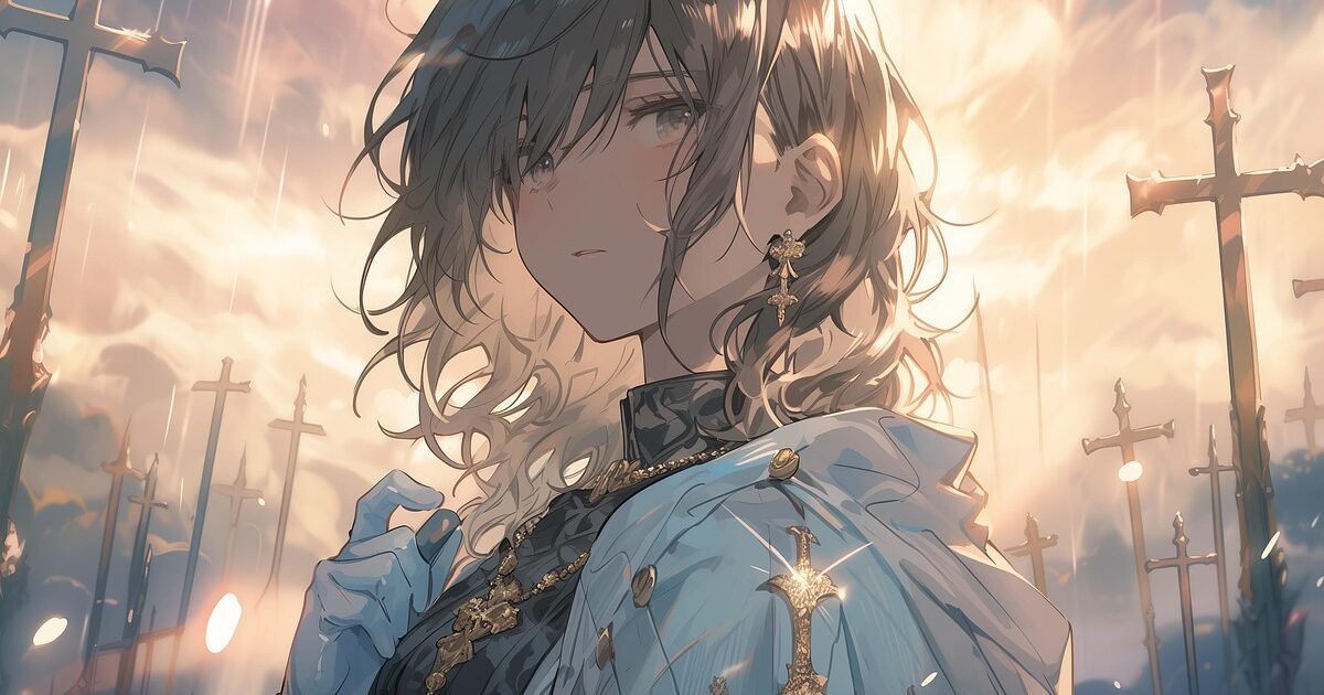 十字架に囲まれてたたずむ荘厳な装いの女性キャラクターのアニメイラスト