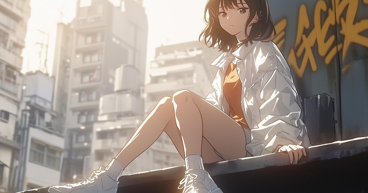 ビルの屋上に座って街を見つめるショートヘアの少女のアニメイラスト