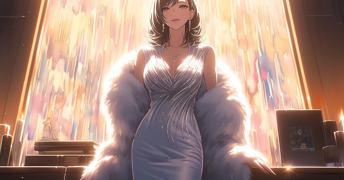 ゴージャスなドレスを着た大人の女性キャラクターのアニメイラスト