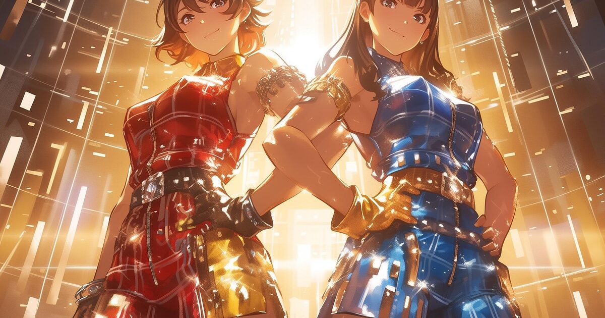 ステージ衣装を着たアイドル風の二人組女性キャラクターのアニメイラスト
