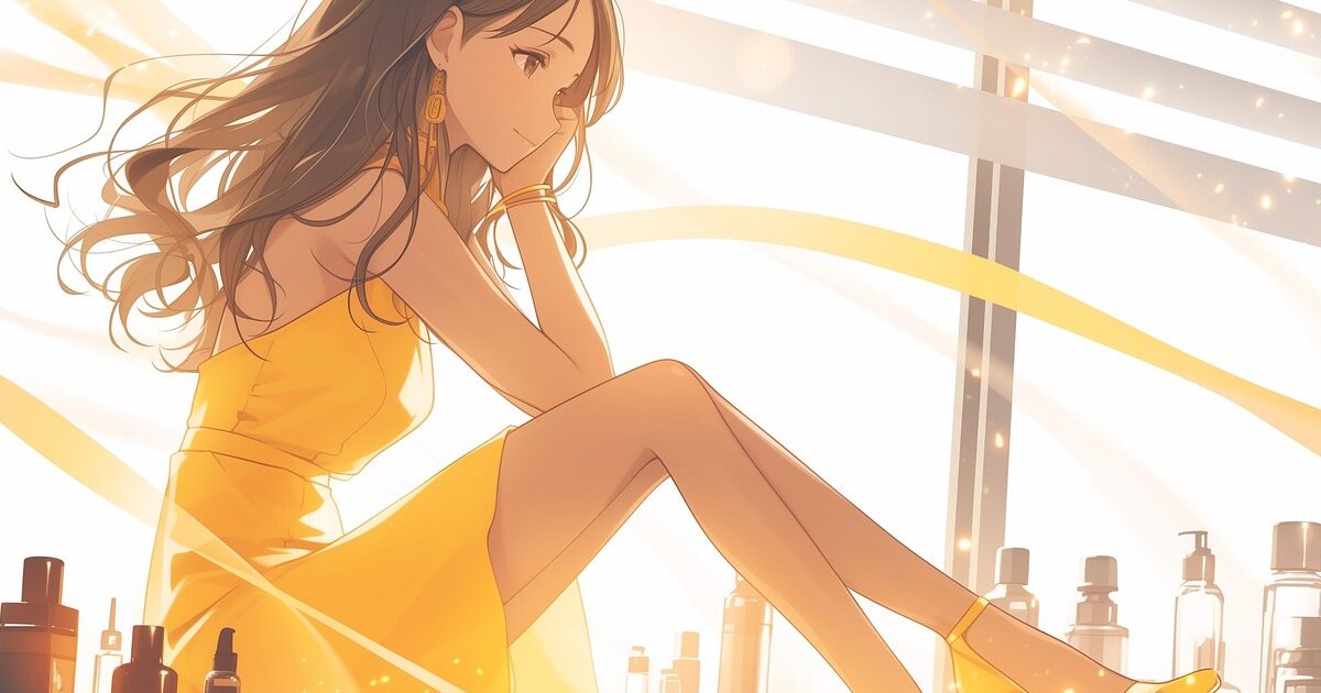 香水瓶に囲まれて微笑む黄色のドレスの女性キャラクターのアニメイラスト