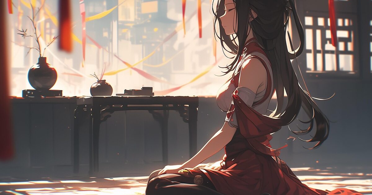伝統的な部屋で正座する黒髪の女性キャラクターのアニメイラスト