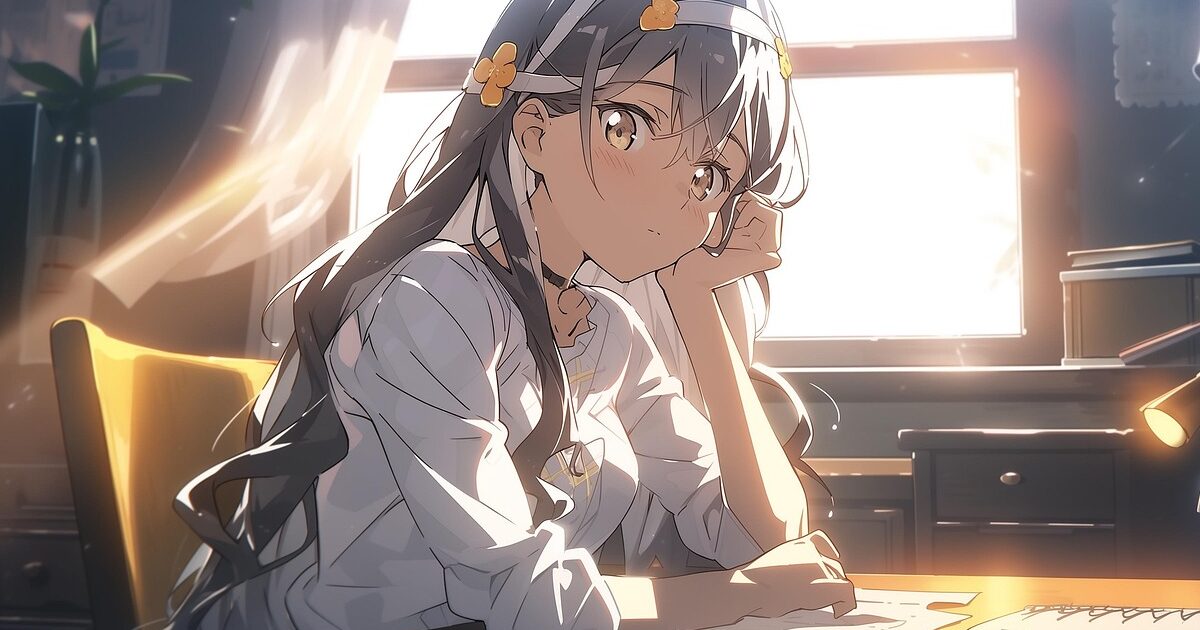 窓際で手紙を書く白髪の少女のアニメイラスト