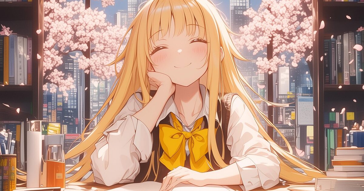 桜の見える図書室で笑顔を見せる金髪の女子学生のアニメイラスト