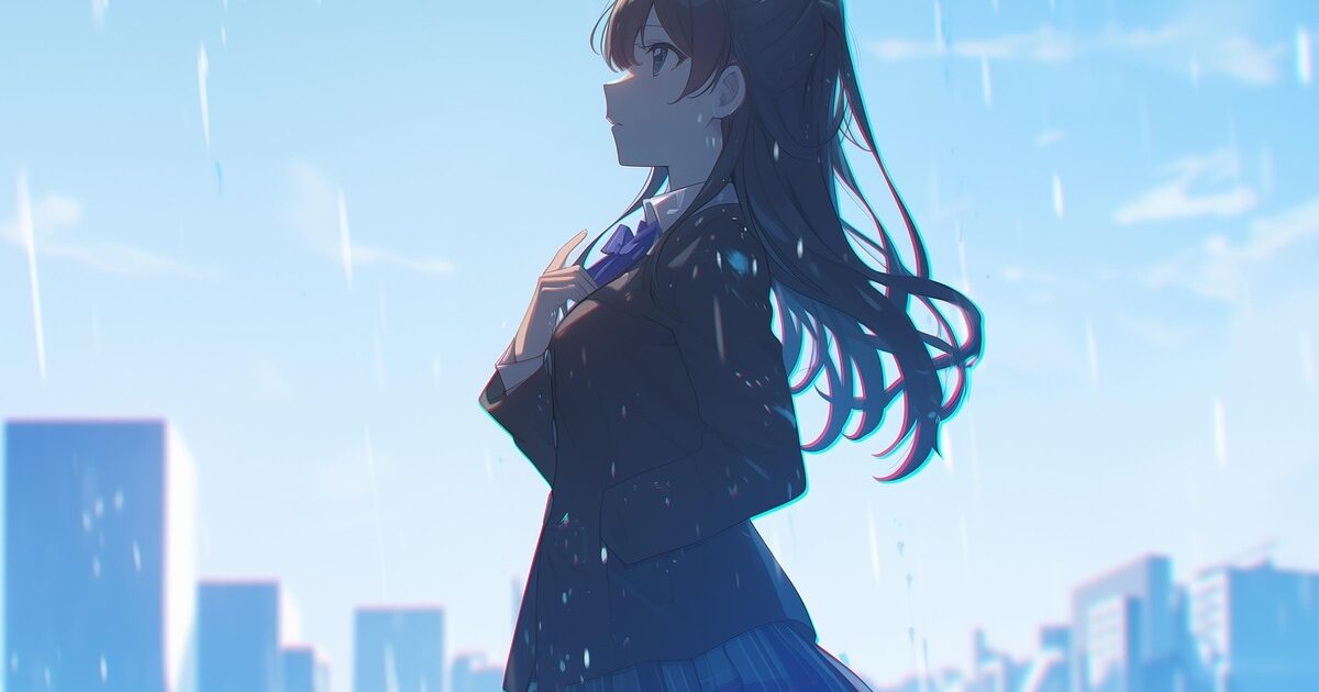 雨空の下で空を見上げる女子学生の横顔のアニメイラスト