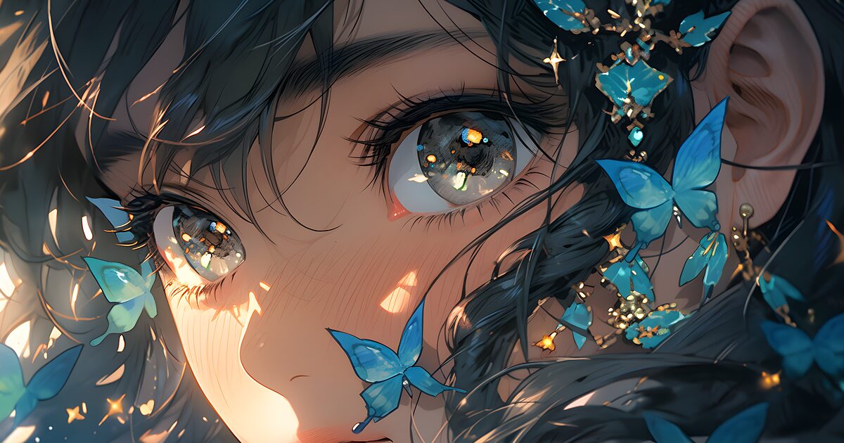 青い蝶と光が舞う瞳に反射する幻想的な少女のアニメイラスト