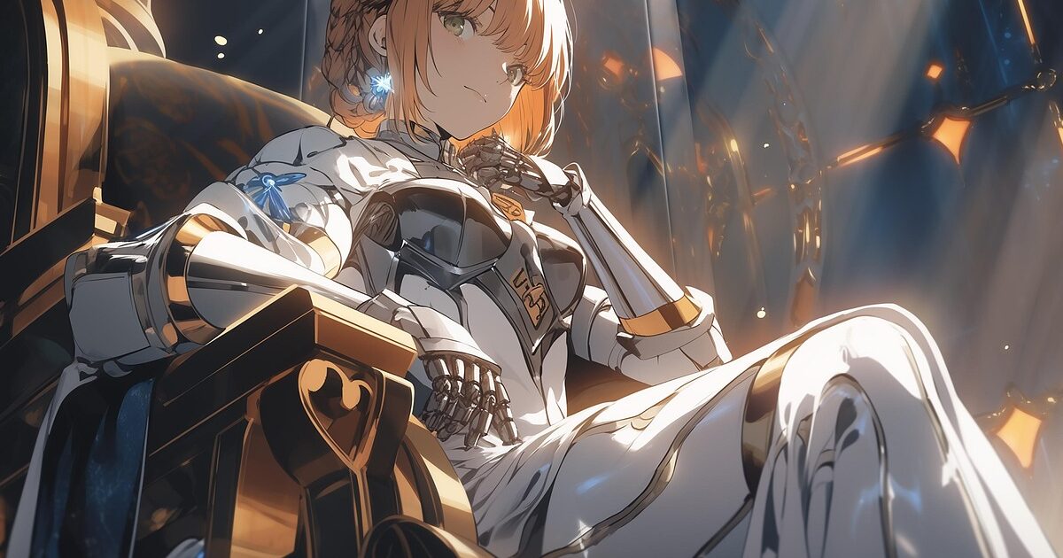 機械仕掛けの鎧をまとった金髪の騎士風少女のアニメイラスト