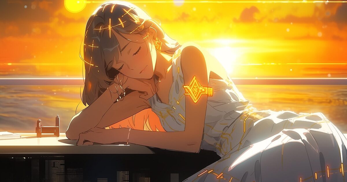 夕焼けの海を背に机で眠る白いドレスの女性キャラクターのアニメイラスト