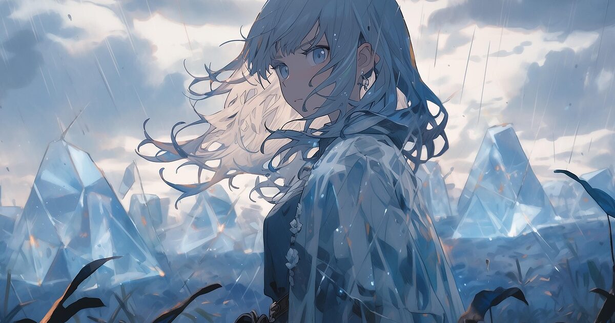 雨の中に立つ銀髪の少女と氷の結晶が広がる幻想的なアニメイラスト