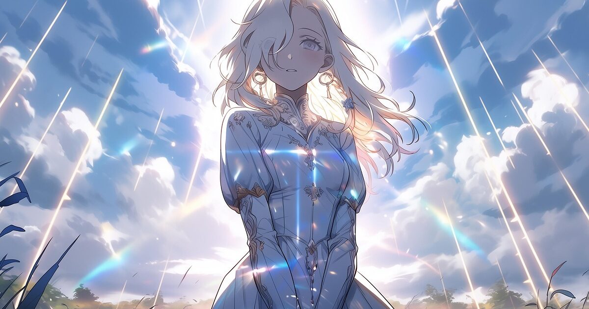 光の降り注ぐ空の下でたたずむ白いドレスの少女のアニメイラスト