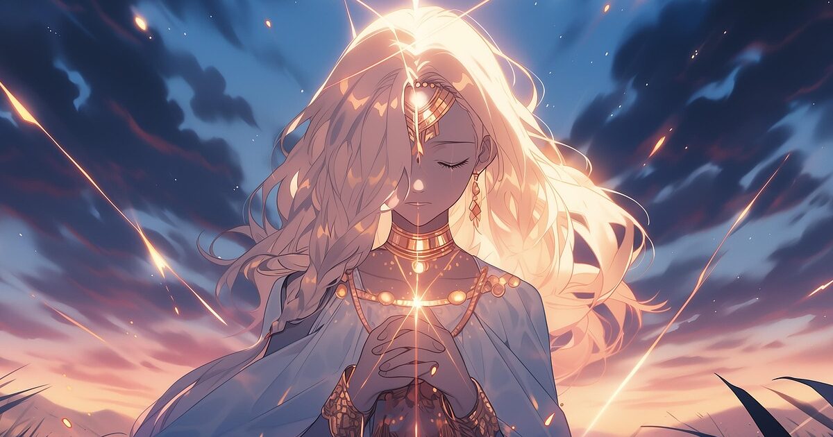 祈りを捧げる金髪の少女と光の粒が舞う幻想的なアニメイラスト