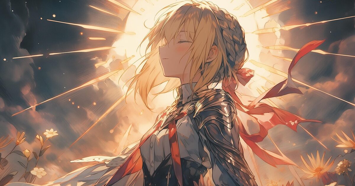 太陽を背に微笑む甲冑姿の少女の勇ましいアニメイラスト