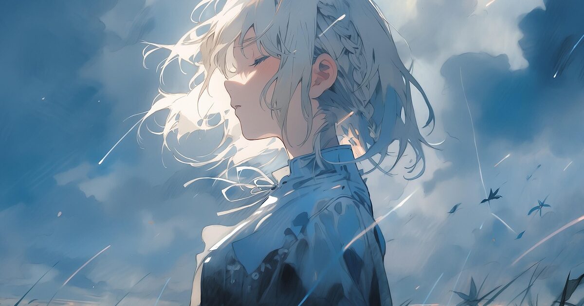 青空の下で目を閉じる白髪の少女と風に揺れる草原のアニメイラスト