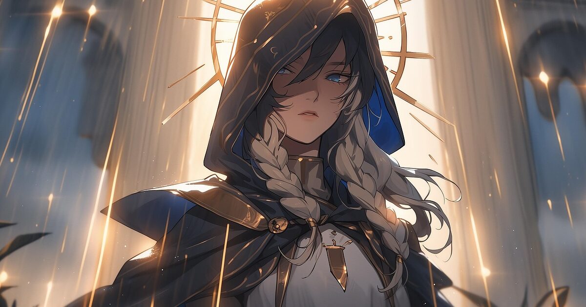 金色の光に包まれたフード姿の女性キャラクターの神秘的なイラスト