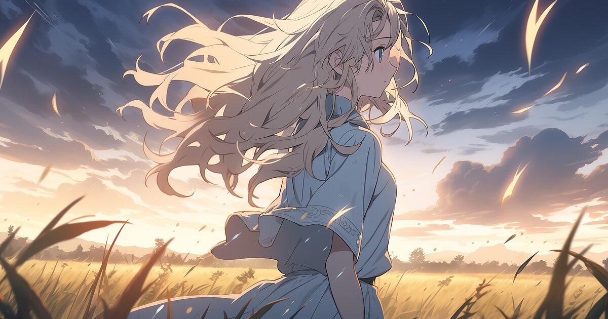 夕暮れの草原で風に髪をなびかせる金髪の少女のアニメイラスト