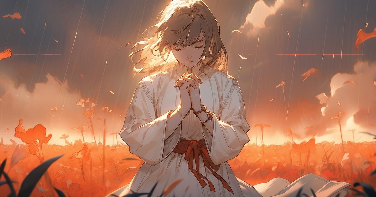 夕焼けの草原で祈りを捧げる女性のアニメイラスト