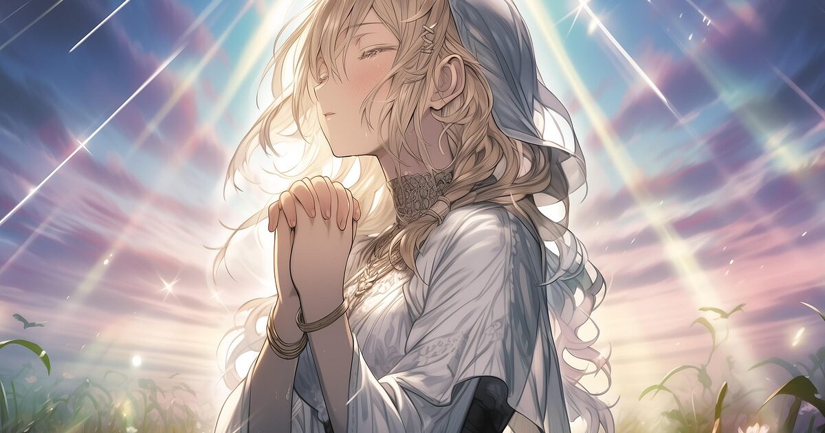 光に包まれて祈りを捧げる金髪の少女のアニメイラスト