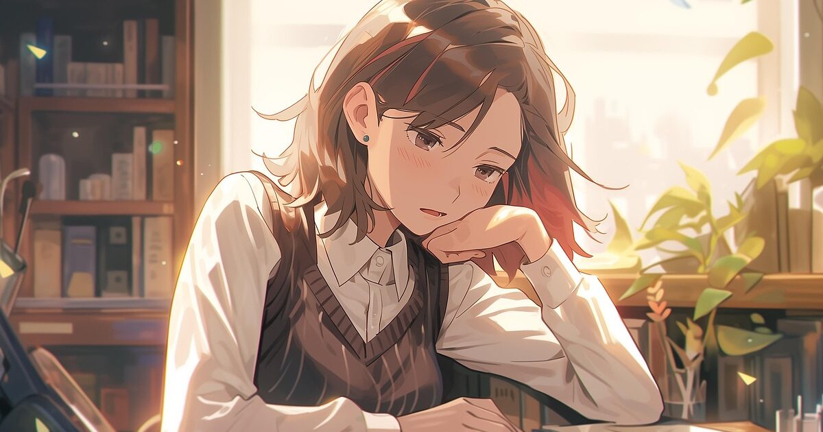日差しの入る部屋で机に頬を乗せる女子学生のアニメイラスト