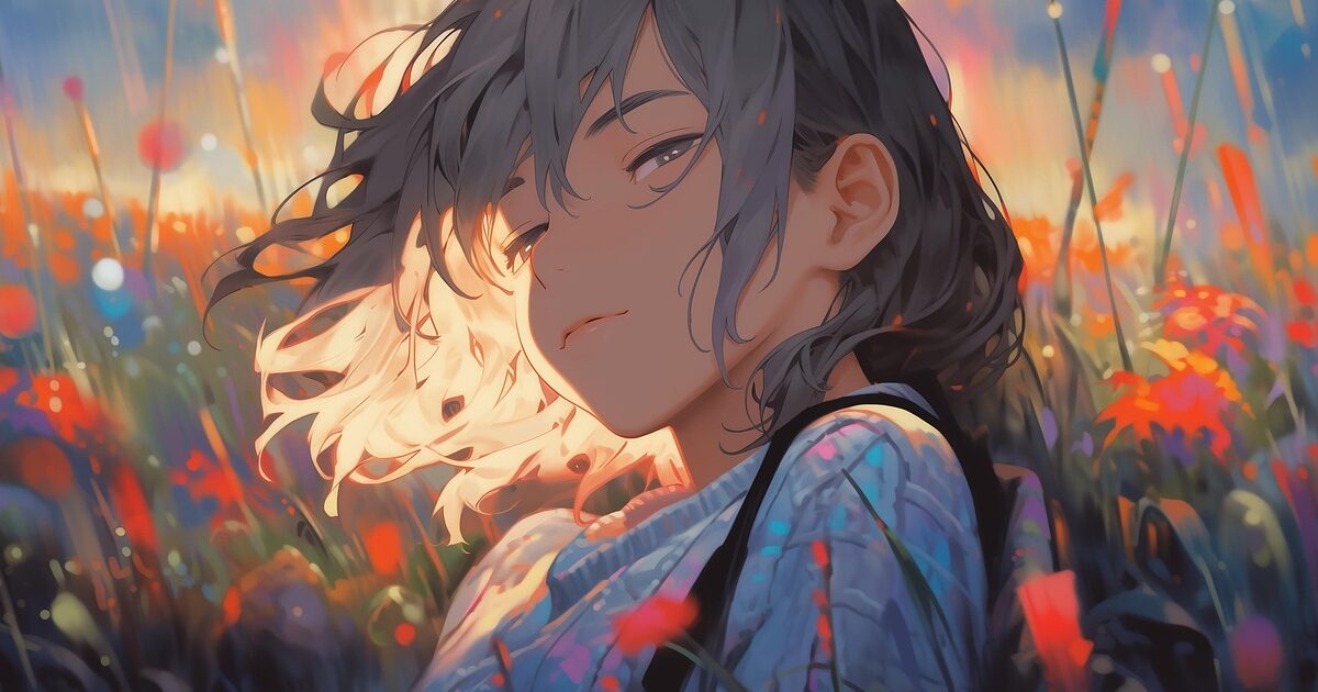 花畑の中で風になびく髪の少女の幻想的なアニメイラスト