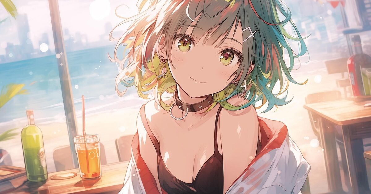 ビーチカフェで笑顔を見せる水着姿の女の子のアニメイラスト