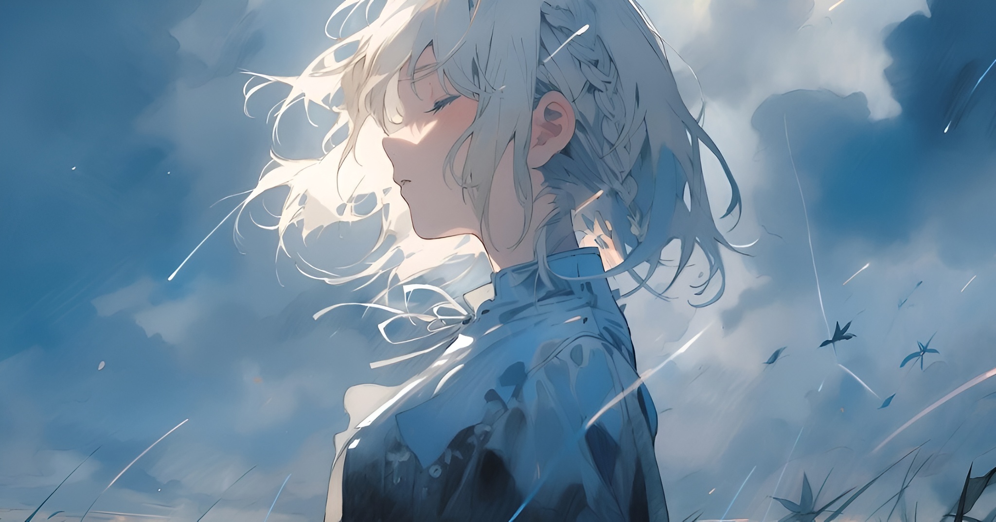 白髪の少女が青空の下で目を閉じて立つアニメ風イラスト