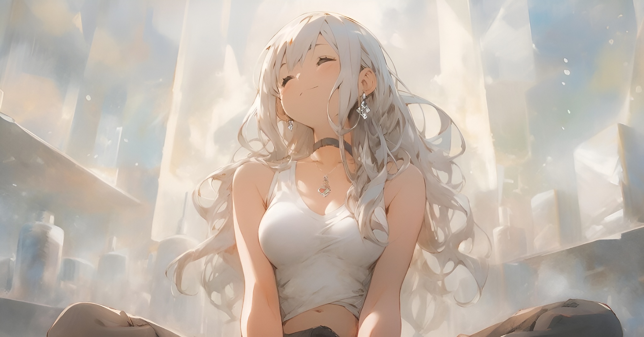 白髪の少女が微笑む光に包まれたアニメ風イラスト
